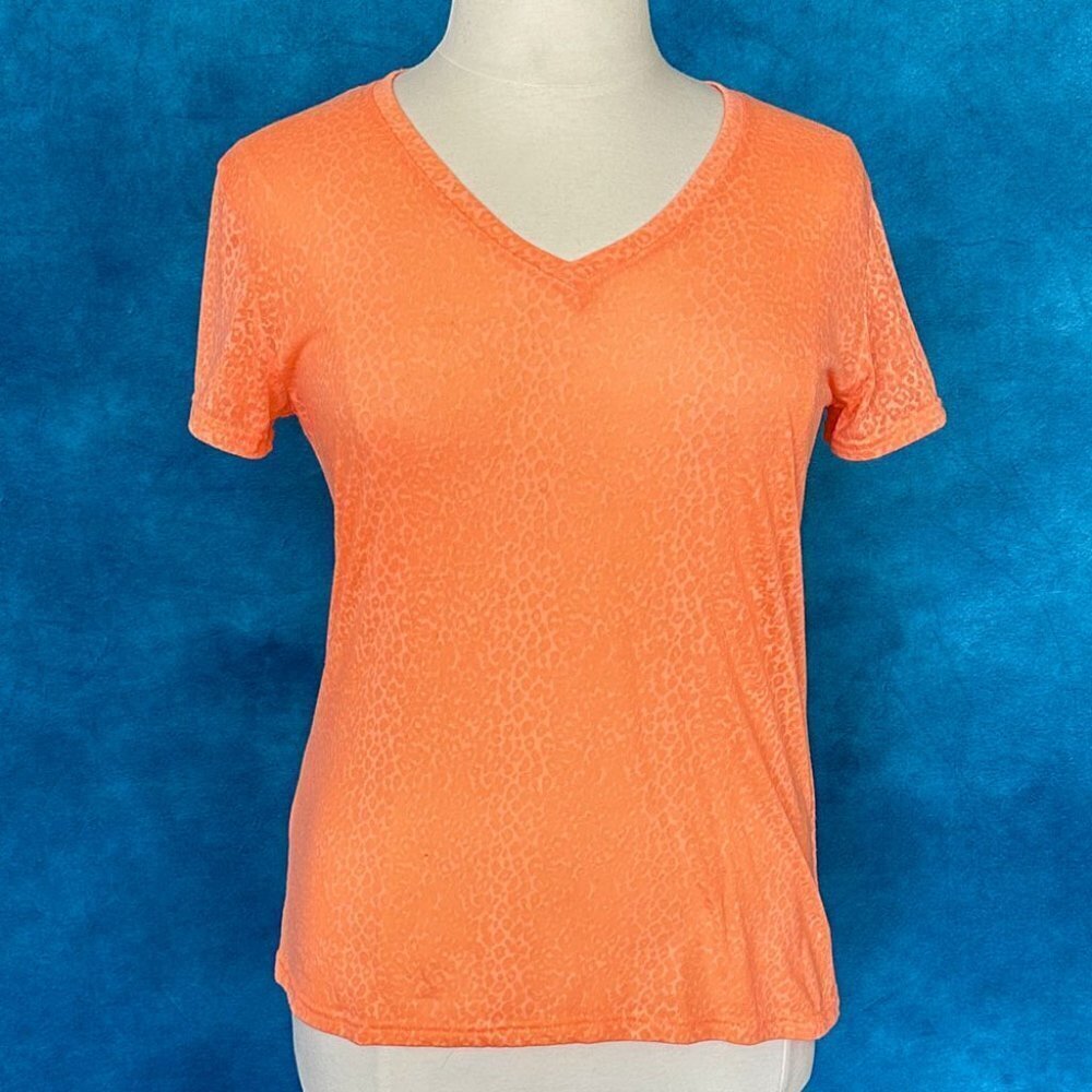 Avia Neon Orange Peach Leopard Burnout V-Neck Top, XL